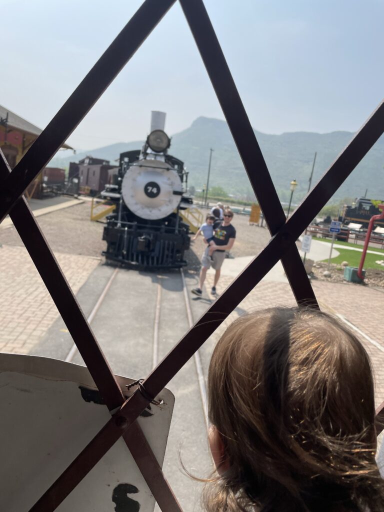 Toddler viewing trains from inside train
